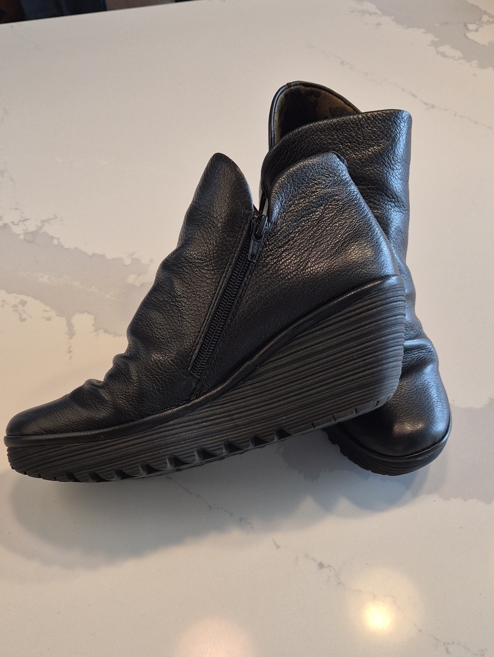 Fly London EUC Black Leather Wedge Ankle Booties
